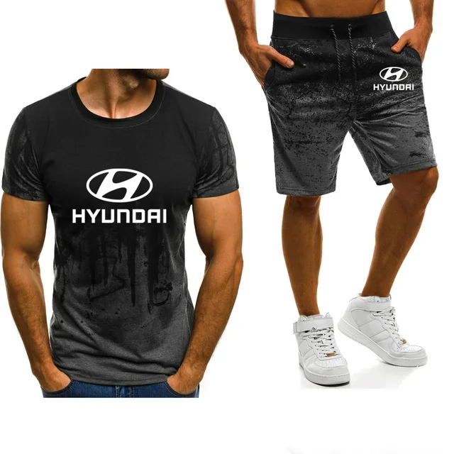 

Summer Men's T-Shirt Hyundai Car Logo Cotton Gradient High Quality Cotton Men's T-Shirt Pants Suit 2Pcs