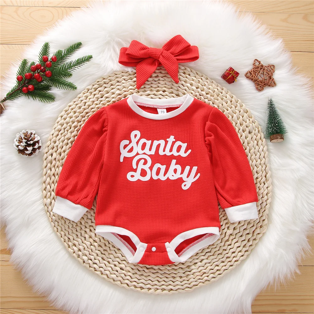 

0-24 Months Baby Girl Christmas Waffle Letter Print Romper With Hedaband Kids Long Puff Sleeve Bottom Snap Button Warm Jumpsuit