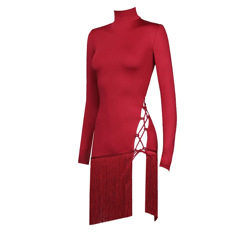 Платье для латинских танцев красная бахрома сексуальное с длинным рукавом Румба