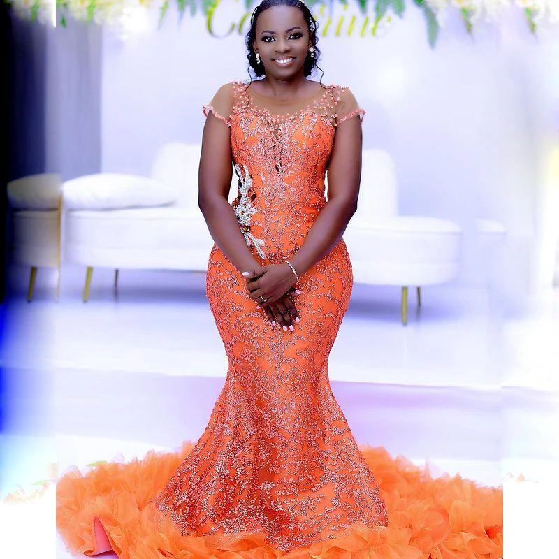 

Orange Aso Ebi Lace Prom Dresses Cap Speeves Beads Pearls Sheer Neck Mermaid Evening Dress Ruffles Black Girls Party Gowns