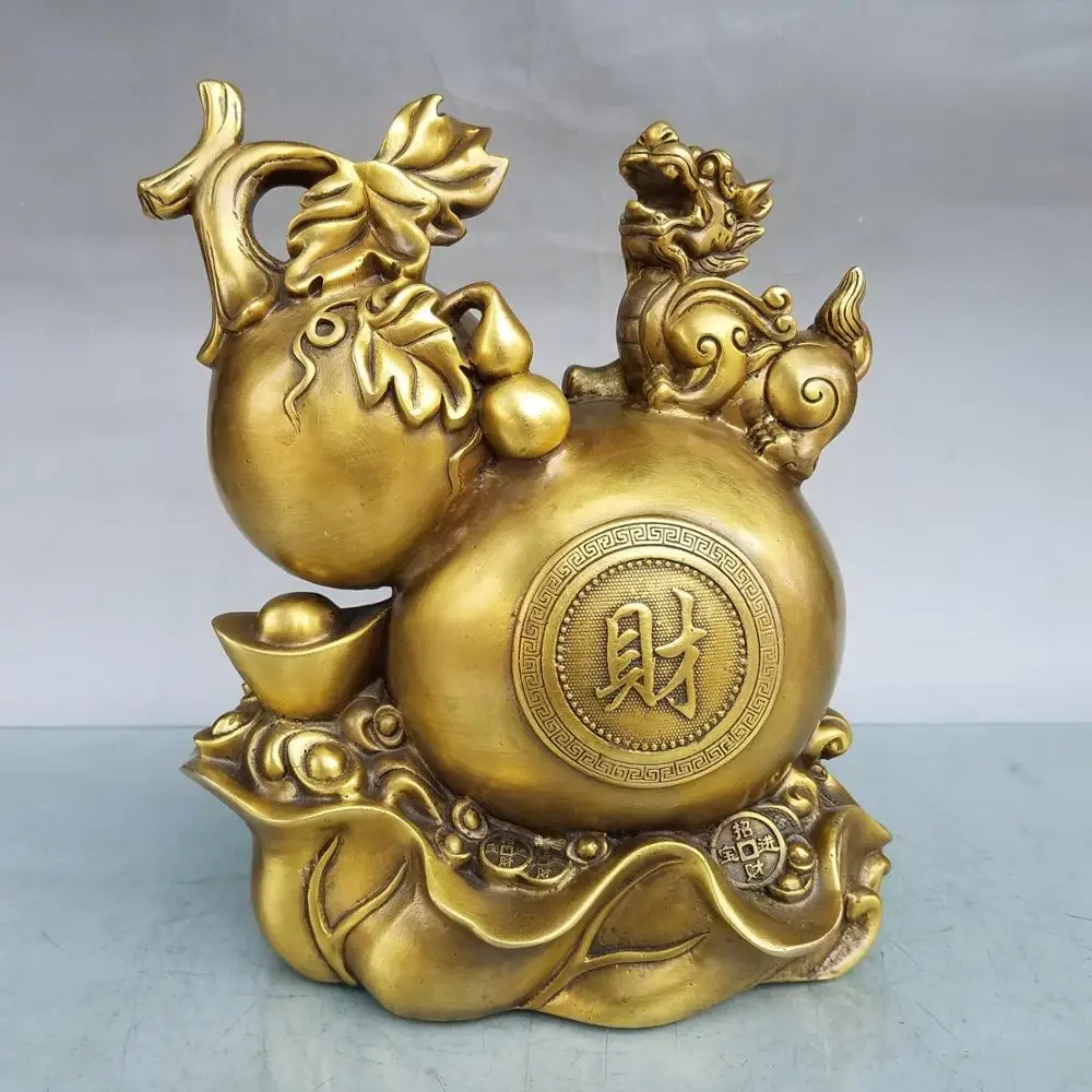 

wedding decoration 9" China Lucky Seikos brass Calabash statue Carved gourd brave ingot Allegory of wealth and wealth