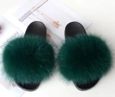Green Тапочки унисекс с натуральным лисьим мехом; женские сандалии с мехом; женские меховые шлепанцы; женская пушистая домашняя обувь на плоской подошве; женские кроссовки; Лидер продаж - Цвет: Green