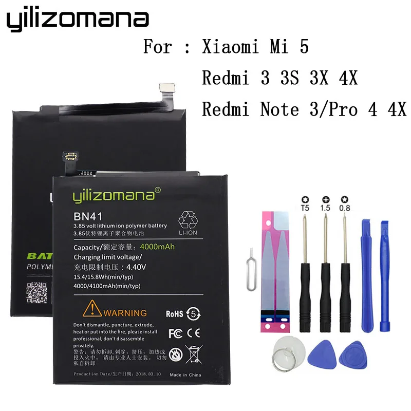 YILIZOMANA Замена телефон Батарея BN41 BN43 BM22 BM46 BM47 для Xiaomi mi 5 Red mi 3 Pro 3S 3X Note 3 Pro 4 4X
