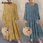 Женское длинное пляжное платье, осень 2020, повседневный кафтан в стиле бохо с длинным рукавом, туника в этническом стиле, женские платья с цветочным принтом # A3