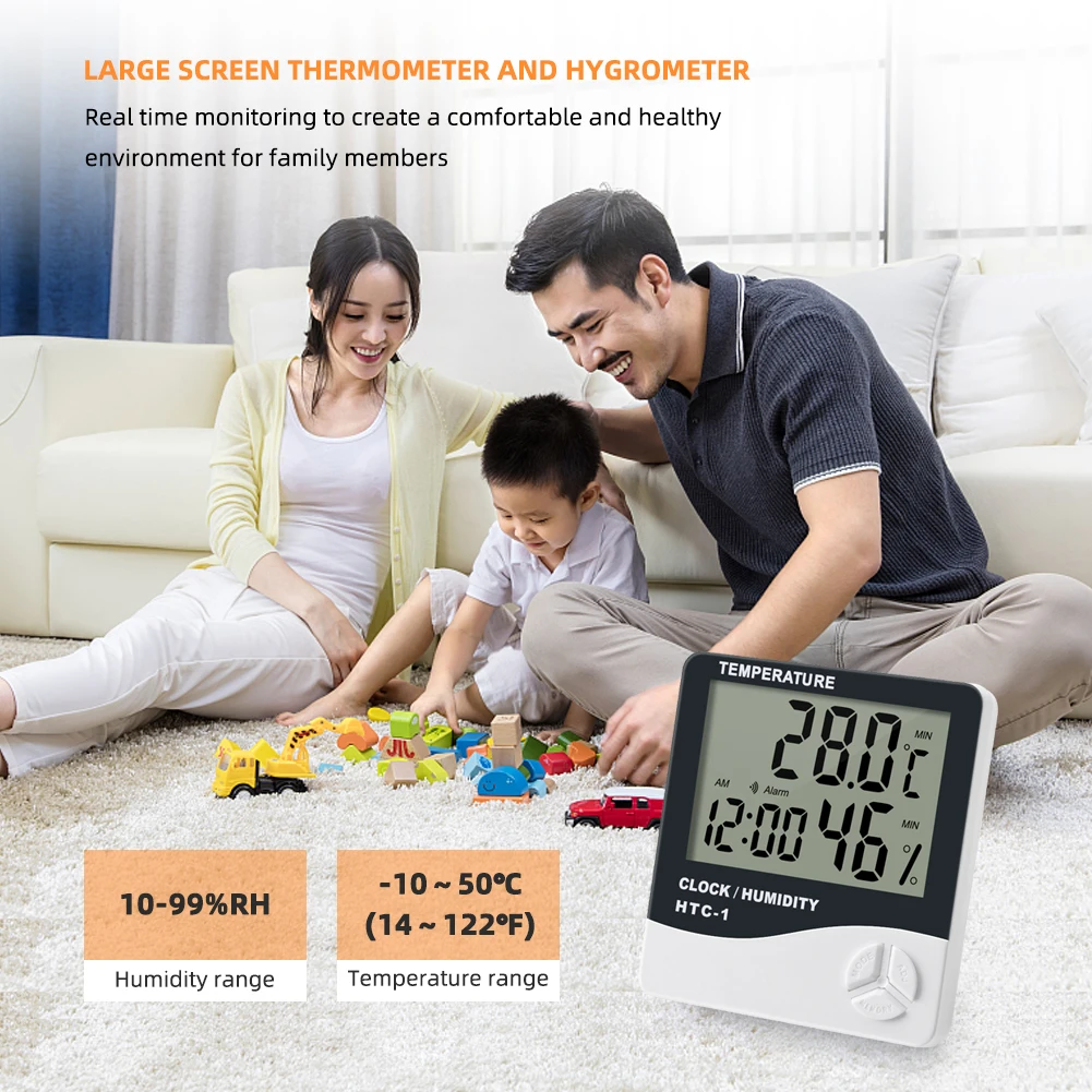 htc 1 indoor thermometer hygrometer meter 10 50°c humidity temperature tester lcd electronic monitor with alarm clock date free global shipping