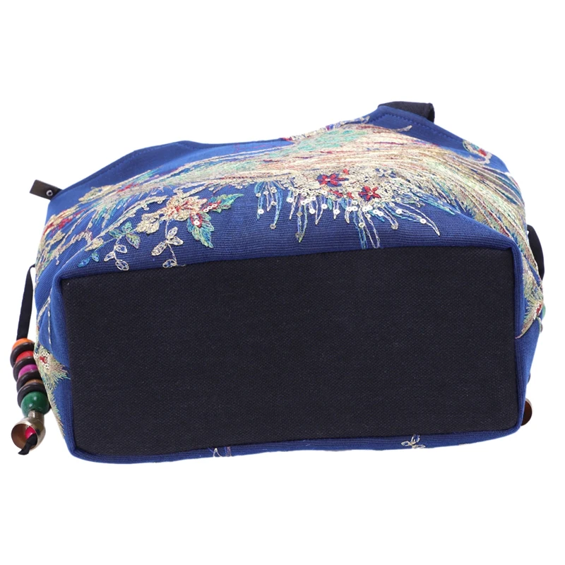 Shiny Sequins Peacock Embroidered Women Canvas Totes Bag Summer Shopping Shoulder Vintage Beaded String Handbag Dark Blue | Багаж и сумки