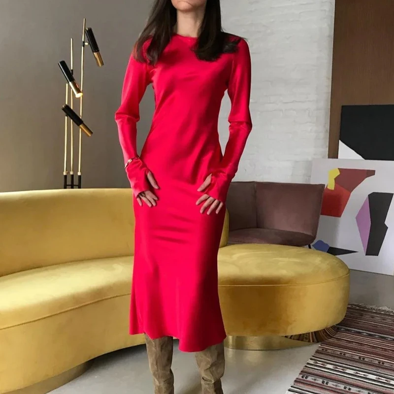 

Women Sexy Satin Solid Color Midi Dress A Line O-neck Ruffles Party Dress Sexy Streetwear Elegant Hole Long Sleeve Vintage Dress