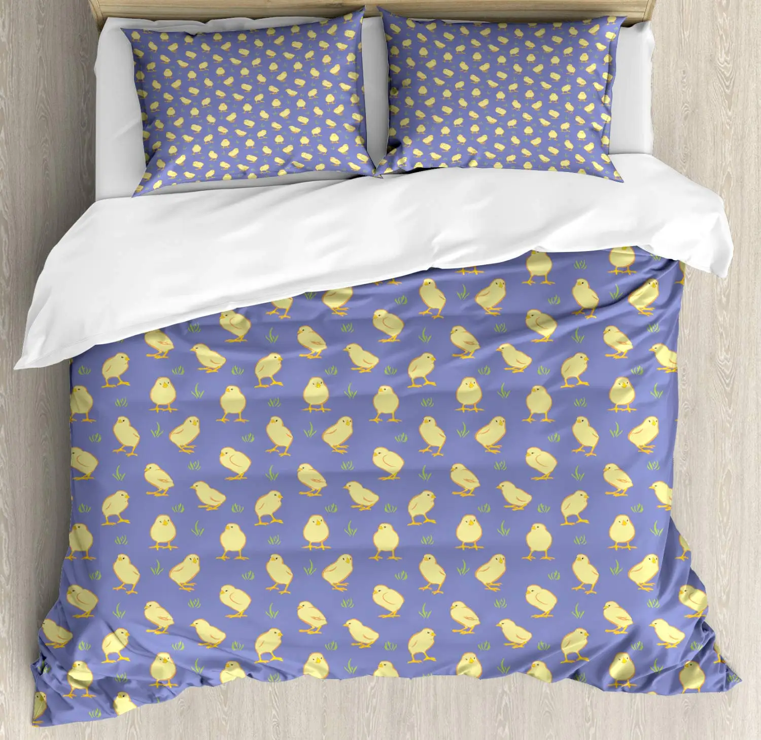 Birds Duvet Cover Set Pattern of Chicks on a Meadow 3 Piece Bedding Lavender Pale Yellow