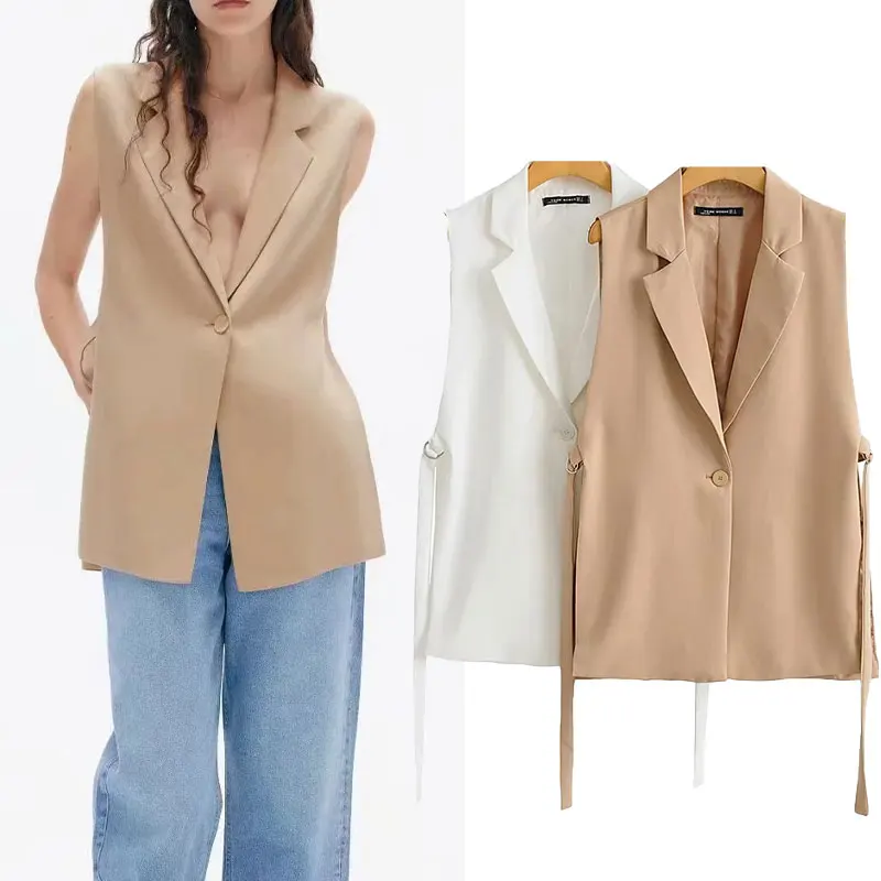 

Women 2021Fashion Solid Colorloose Side Slit Temperament Loose One-Button Suit Collar Sleeveless Long Vest Streetwear Chic Tops