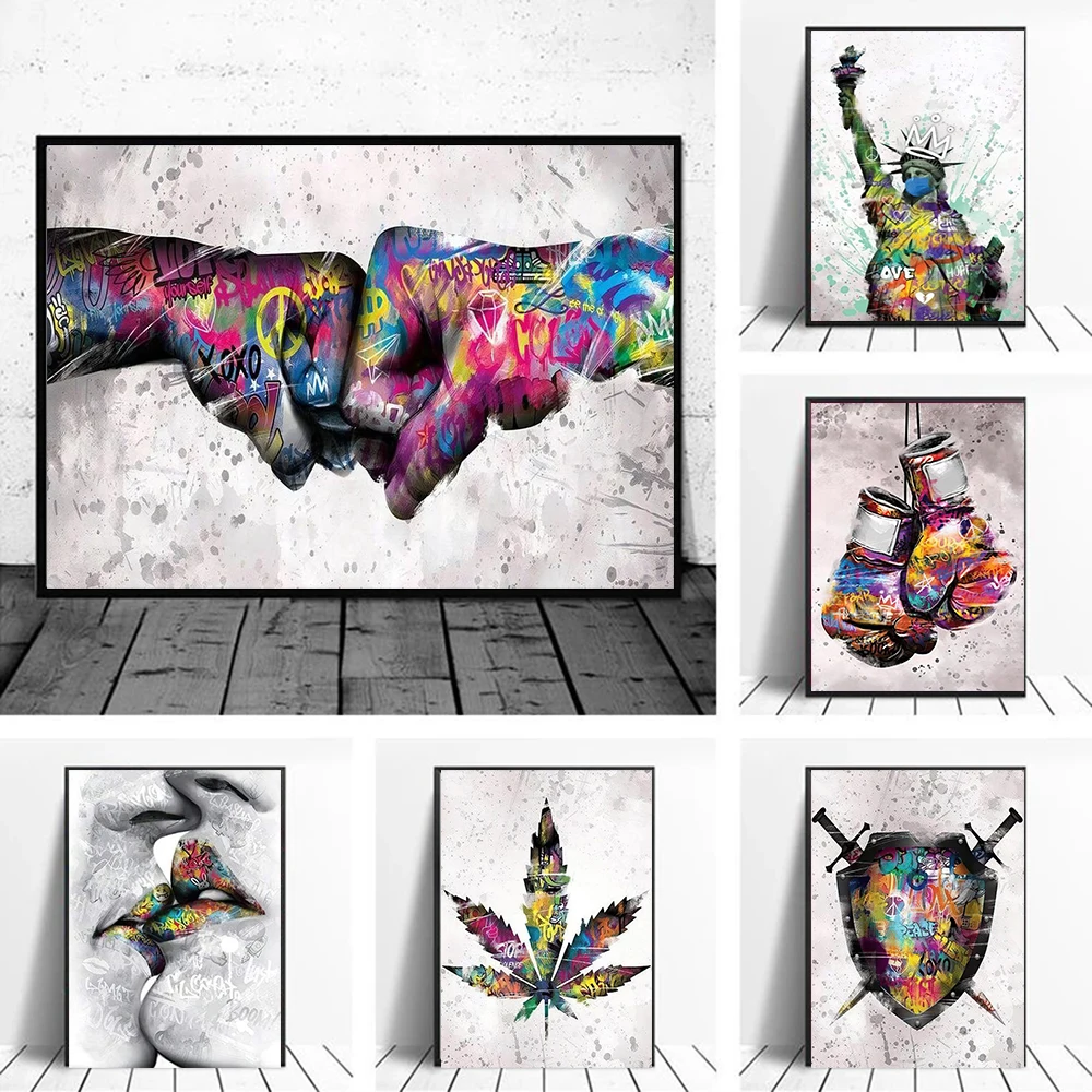 

Graffi Body Painting Model Fist Canvas Painting Kiss Maple Leaf Poster and Printing Wall Art Picture For Living Room Decoration