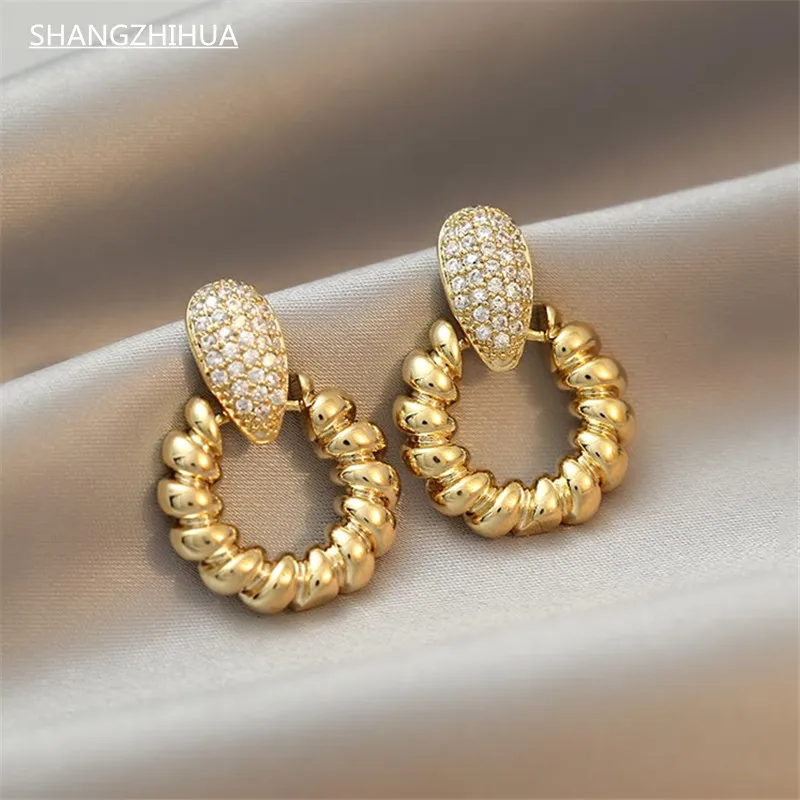 

New 2021 geometric gold spiral pendant luxury zircon earrings for women new Gothic unusual Christmas jewelry gift accessories