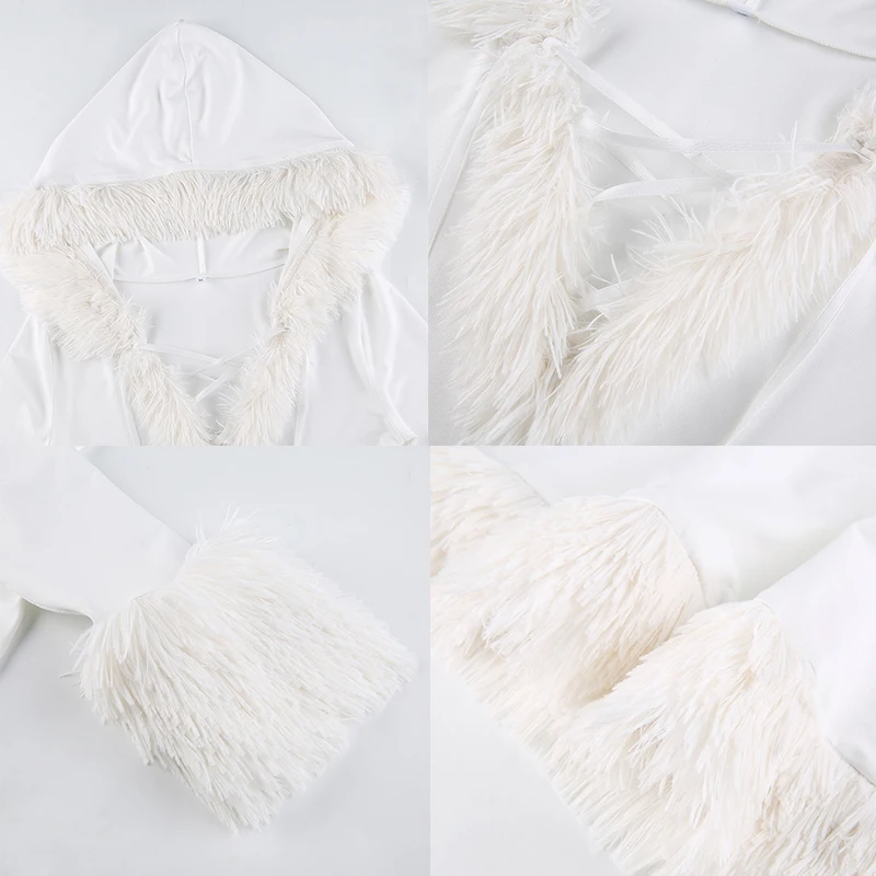 

White Feather Fur Patchwork Bodycon Dress Women Kawaii Hooded Long Sleeve Sexy Short Party Y2K Dresses Christmas 2021 IAMHOTTY