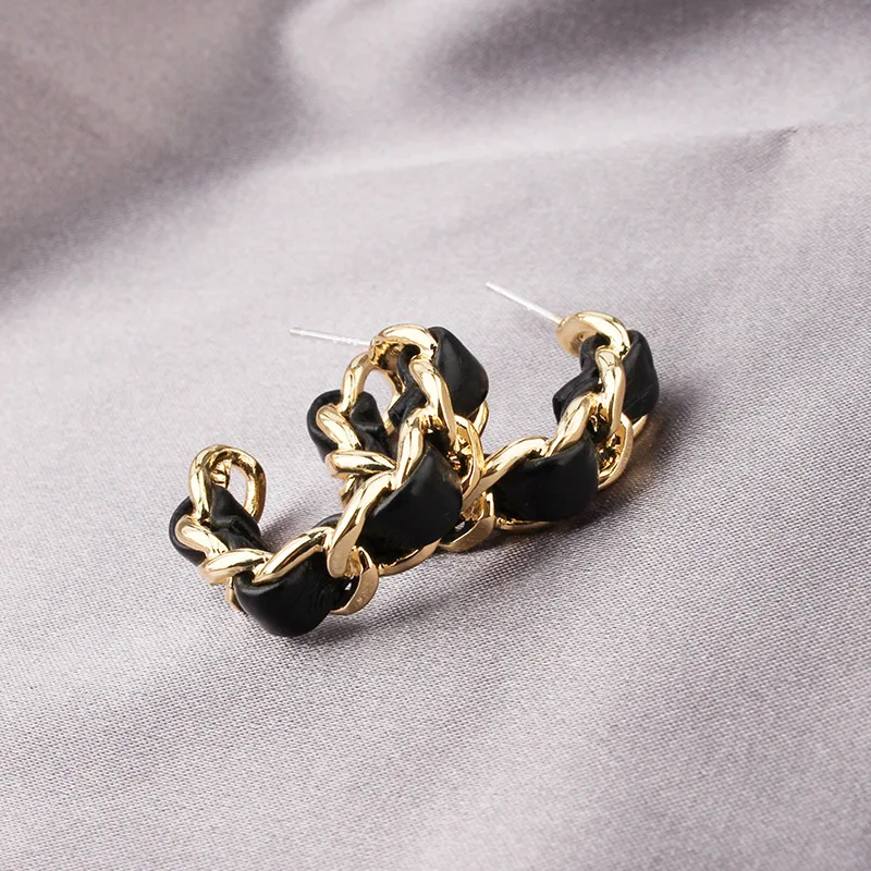 

LOVOACC Punk Hip Hop Twisted Chain Black Leather Earrings for Women Cool Gold Color Linked Open Hoop Earrings Bijoux Femme 2021