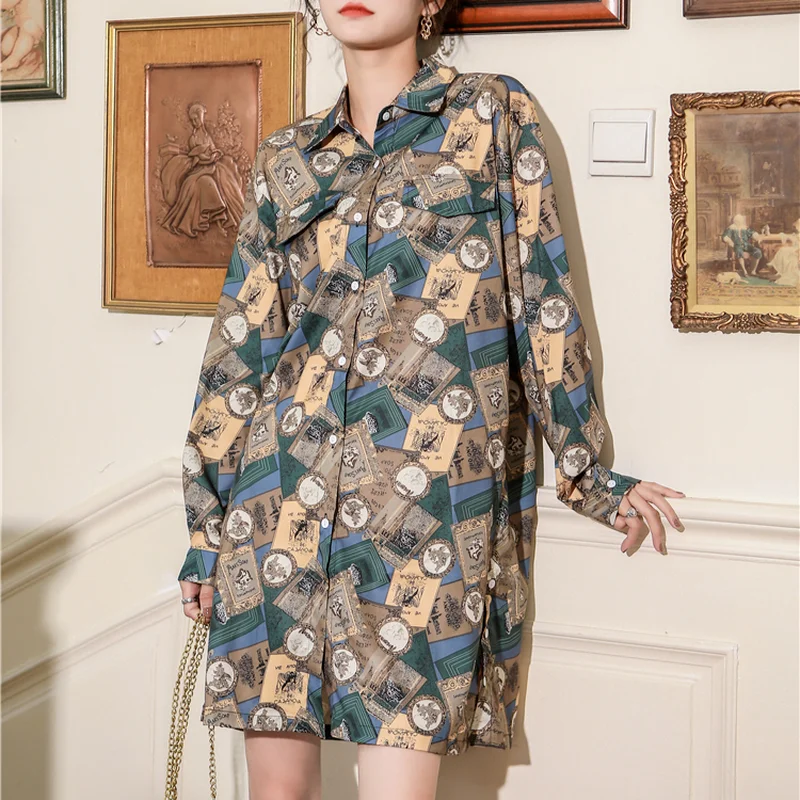 

New retro Hong Kong style shirt women 2021 new outer wear loose mid-length style Hong Kong style shirt skirt length womens tops