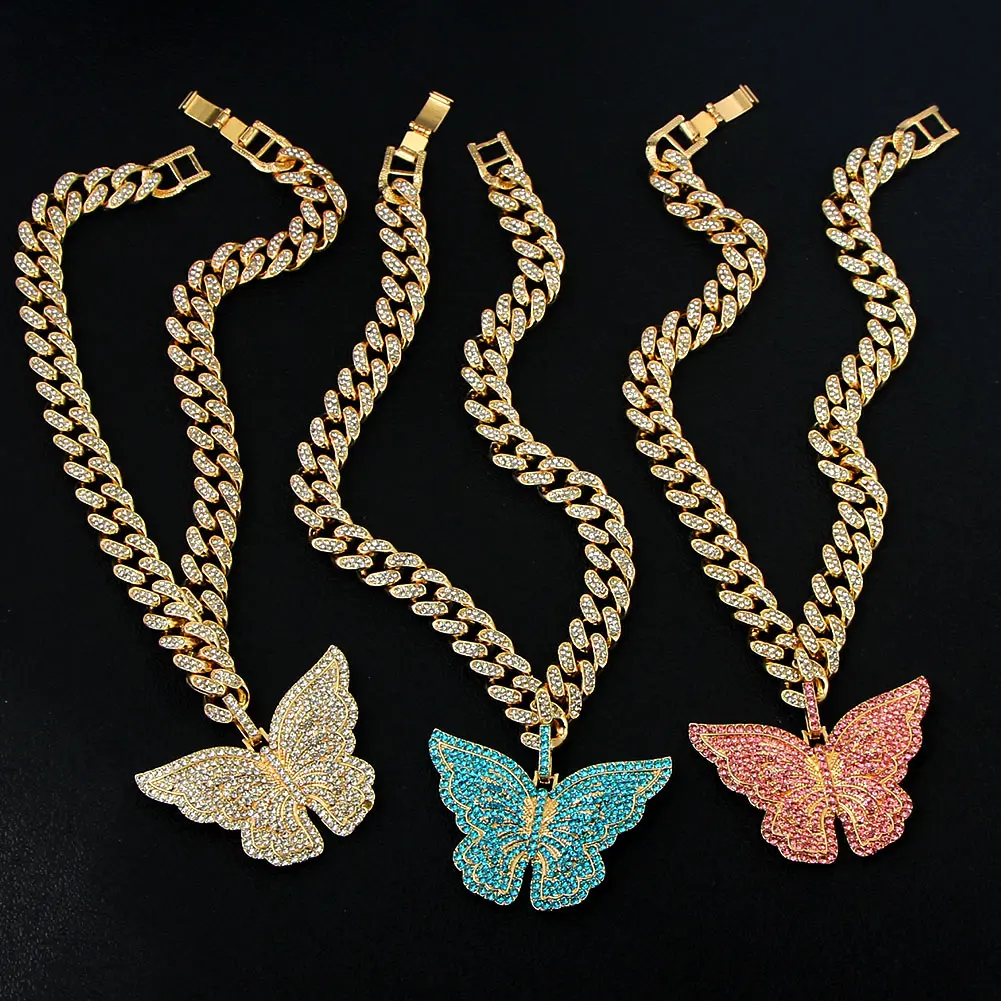 

Big Size Butterfly Pendant Charm Necklace 12mm Miami Cuban Chain Choker Gold Silver Color Rock Men Women Crystal Hip Hop Jewelry