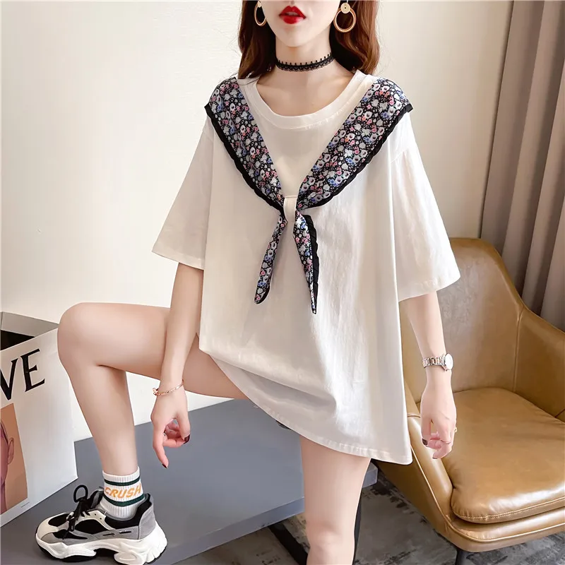 

Fake 2 Pics Bow Tie T-shirt Women Patchwork Casual Short Sleeve Tee Shirt Femme Summer 2021 Tops Oversize tshirt