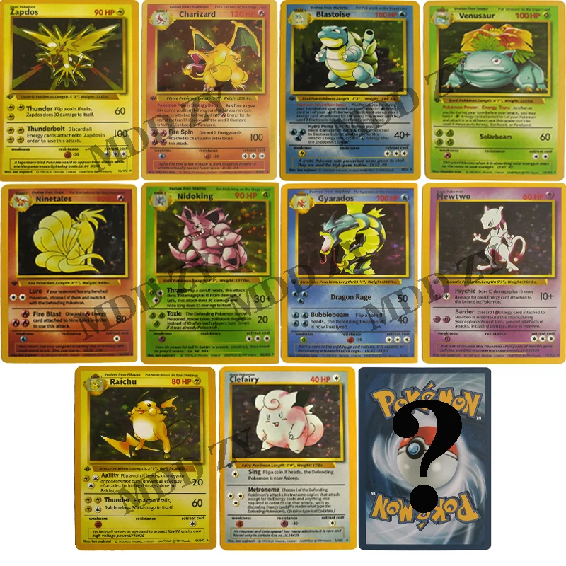 11 Uds primera edici&oacute;n de 1996 Pokemon Flash tarjetas de Charizard Blastoise Venusaur Mewtwo hologr&aacute;fica tarjetas de Pokemon tarjetas de juego de colecci&oacute;n-0
