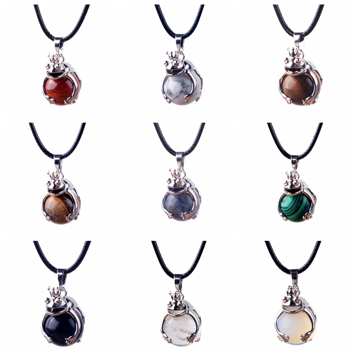 

QIMOSHI Women Elegant Frog Pendant Necklace 18" Black Leather Cord 16MM Natural Stone Crystal Ball Chakra Jewelry