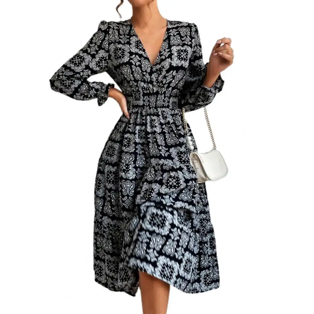 

Vintage Women Dress V-Neck Breathable Party Dress Ethnic Style Retro Ladies Print Midi Dress
