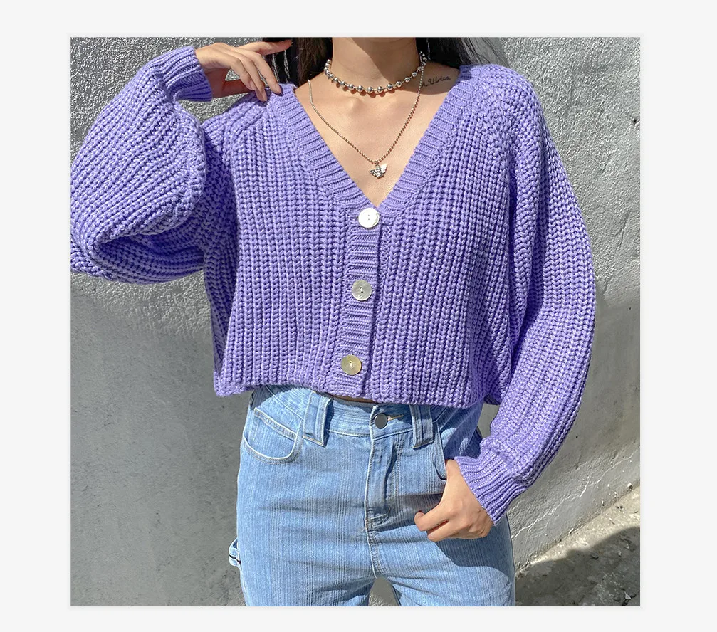 

Women coat Casual Long-sleeved Cardigan Fashion Loose Solid Color V-neck Single-breasted Coat short tops knitting Fabric