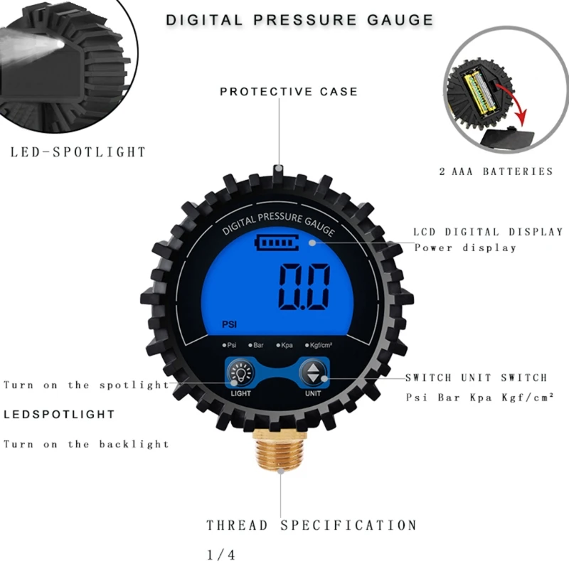 

Gas Pressure Gauge w/ Blue Background Light Accuracy 1% Rang to 200psi 1/4''NPT
