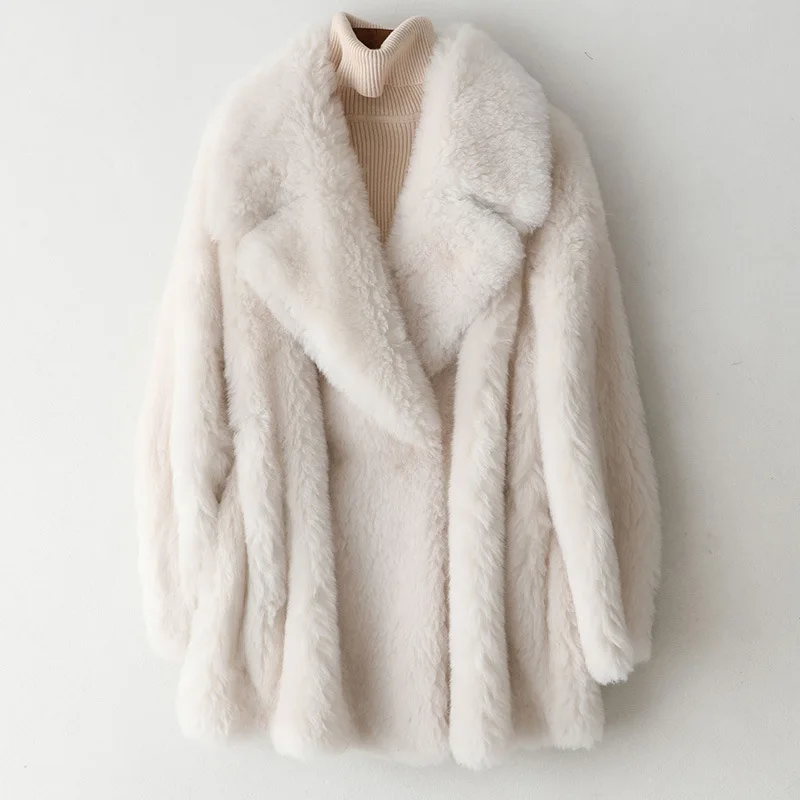 Luxury Women Coat Composite Fur and Wool Fur High Quality Outwear Warm Thick White Pockets Genuine Leather Woolen Warm Jackets