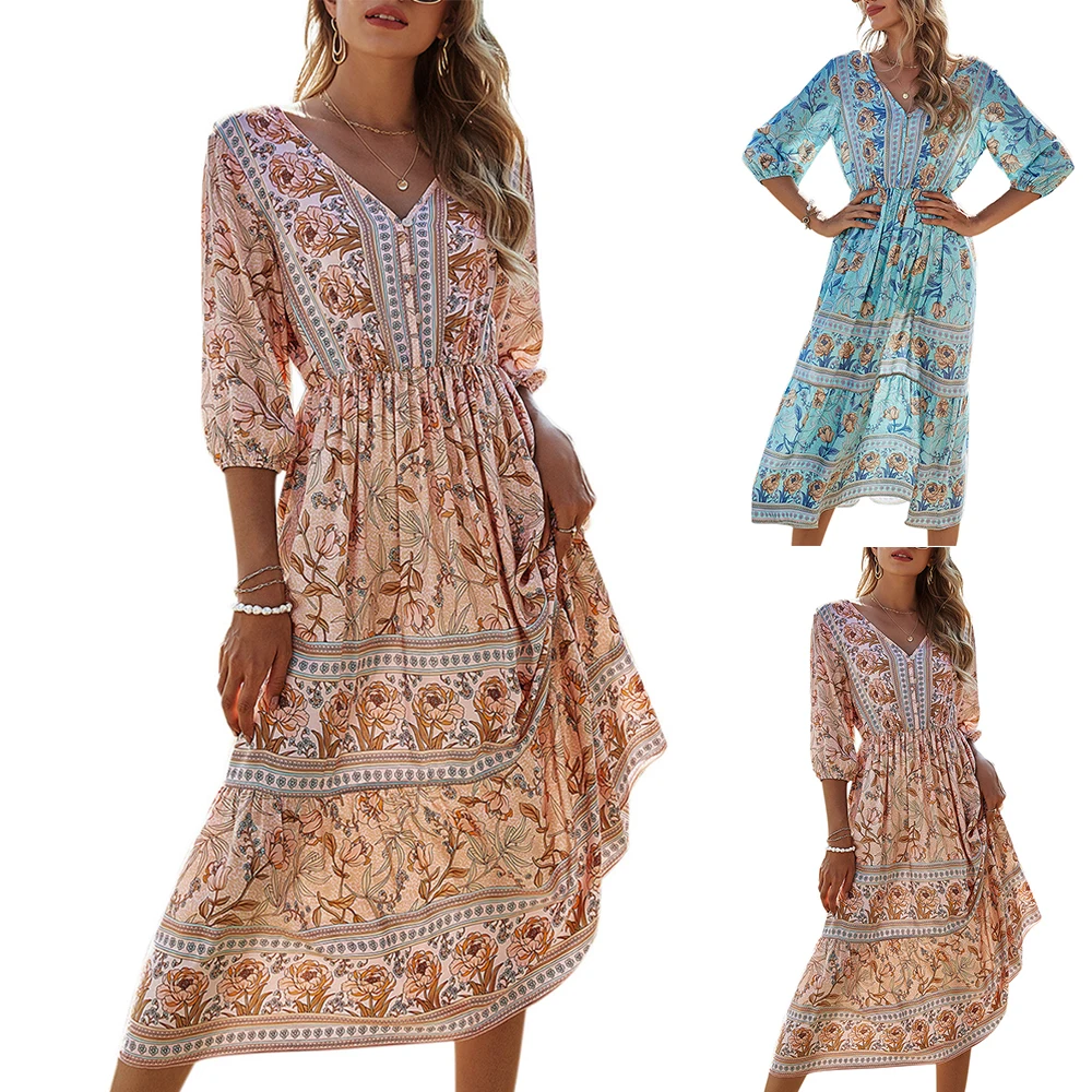 

Women Vestido High Waist Casual Floral V-Neck Short Sleeve Loose Half Sleeve Maxi Dress Beach Holiday Dresses Feminino