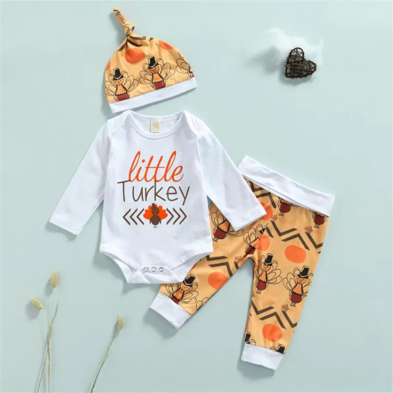 

3 Pieces Kids Suit Set Letter Print O-Neck Long Sleeve Romper Turkey Print Long Pants Hat for Toddler Girls Outfits 0-18 Months