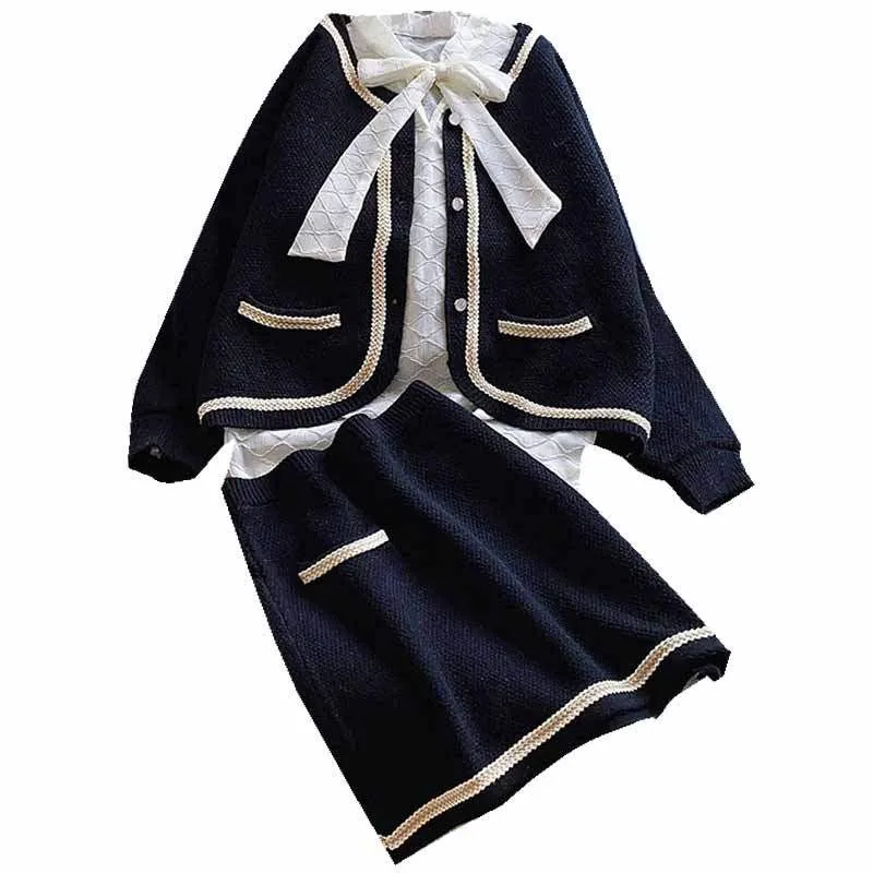 

2021 New Spring 2 Piece Dress Sets for Women Knitted Outfits Long Sleeve Sweater Cardigan Tops&Mini Skirt Sets 2pc Slim Suits