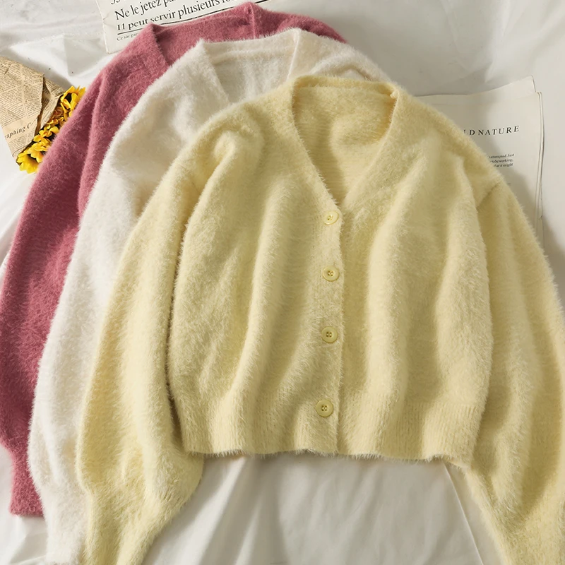 

Женский укороченный свитер, однобортный мохеровый кардиган с длинным рукавом, свободный свитер с V-образным вырезом, корейские топы, Осень-з...