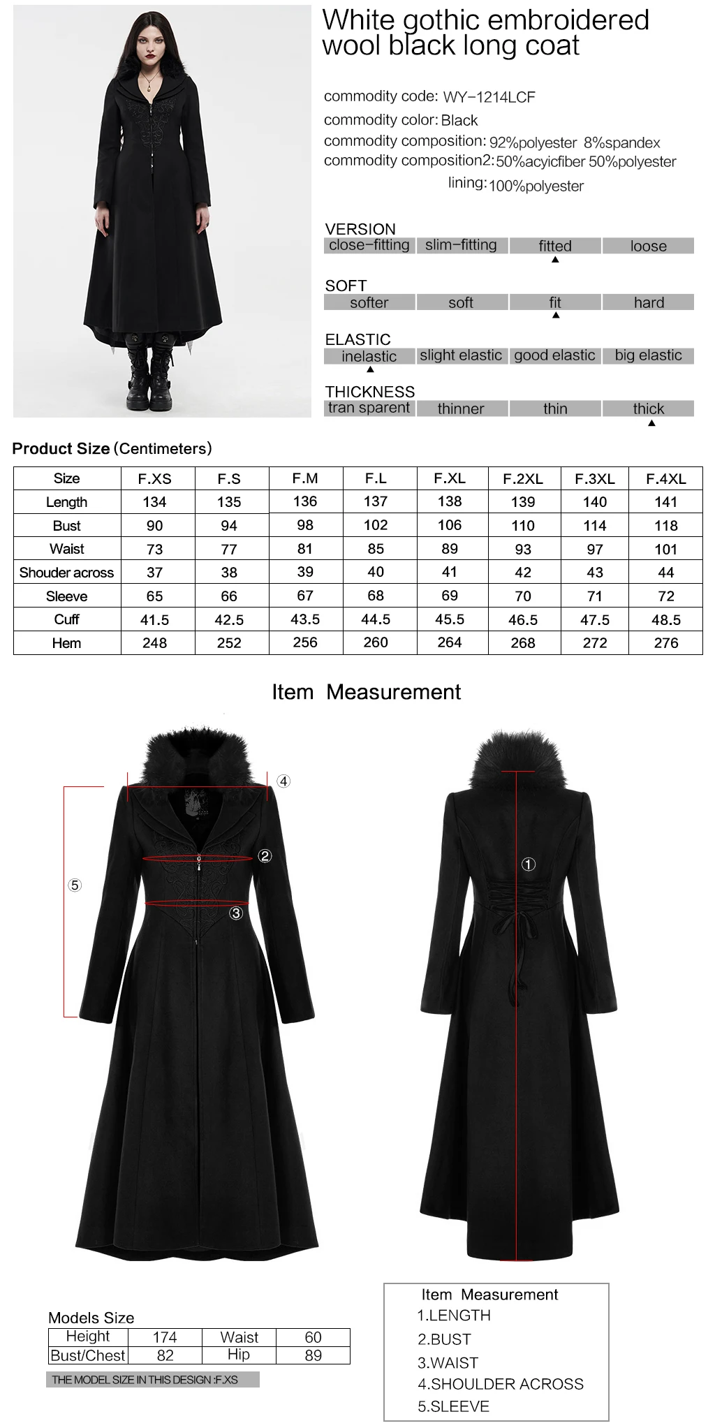 

PUNKRAVE Women's Victorian Gothic Embroidered Woolen Long Coat Gorgeous Fashion Removable Fur Collar Winter Keep Warm Jacket