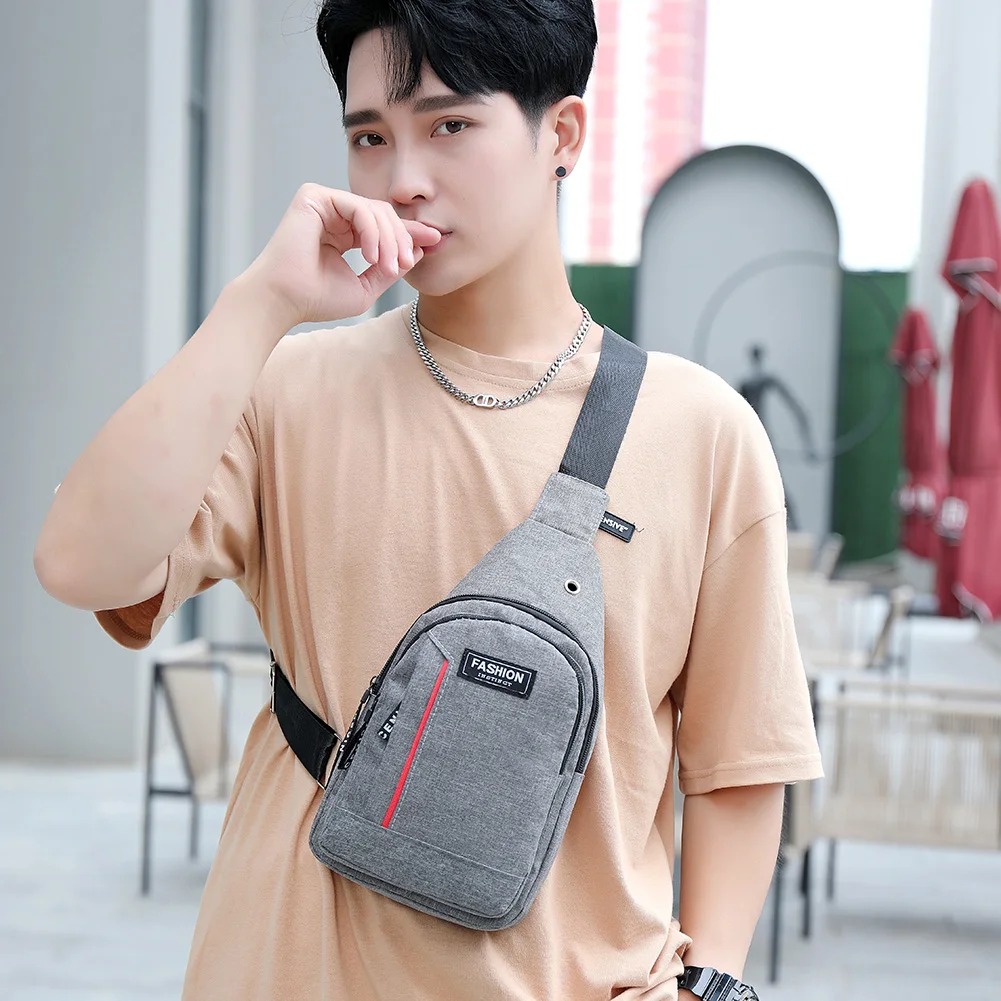 

Fashion Outdoor Sports Chest Bags Men Nylon Double Zippers Shoulder Bag Solid Color Large Crossbody Bags with Earphone Hole