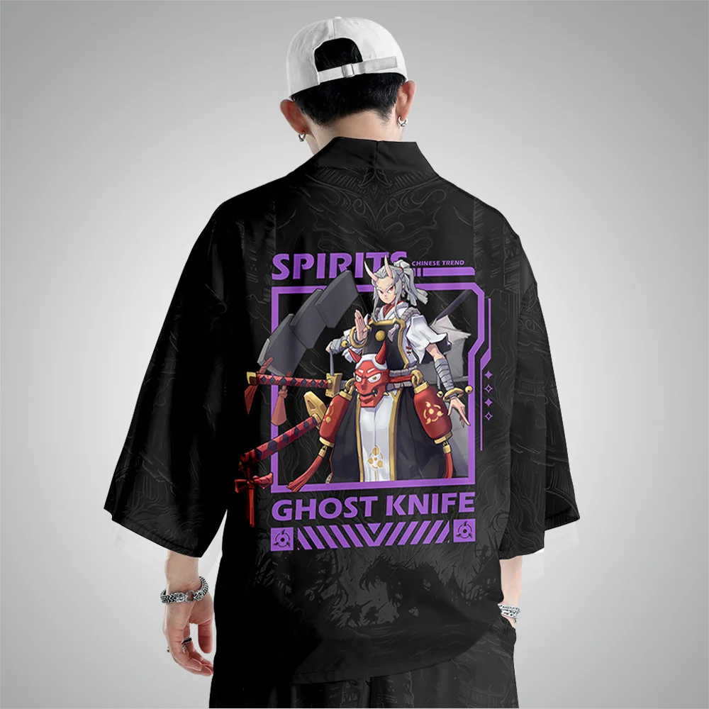 

Chinese Cartoon Printed Black Kimono Cardigan Men Japanese Traditional Casual Loose Thin Set Coat Pants Asian Clothes Harajuku