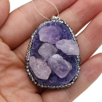 natural stone amethysts diamon studded pendants charms for jewelry making diy necklace size 40x70mm