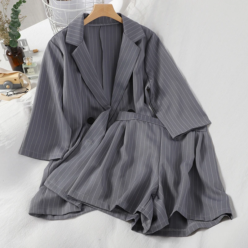 

Spring Summer Women two piece set Office tops + shorts stripe Top Female Suit Set Casual Women's 2 Piece plus size Set 2020