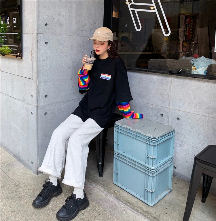 Harajuku футболка женская осенняя одежда корейский стиль полосатый лоскутный рукав футболки женские повседневные футболки Топ