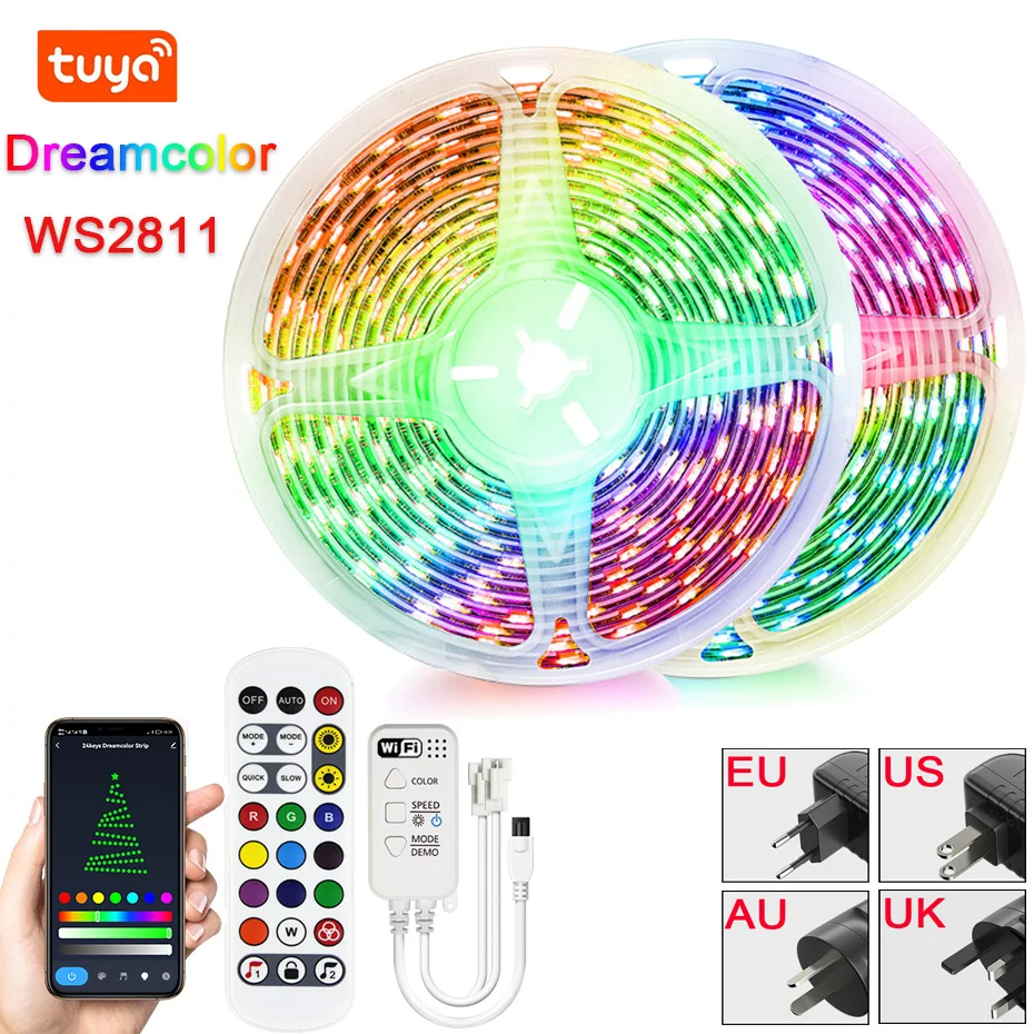 Умная Светодиодная лента WS2811 Tuya 5050, 12 В постоянного тока, RGBIC, гибкая светодиодная лента, функция голосового управления, работа с Alexa Google