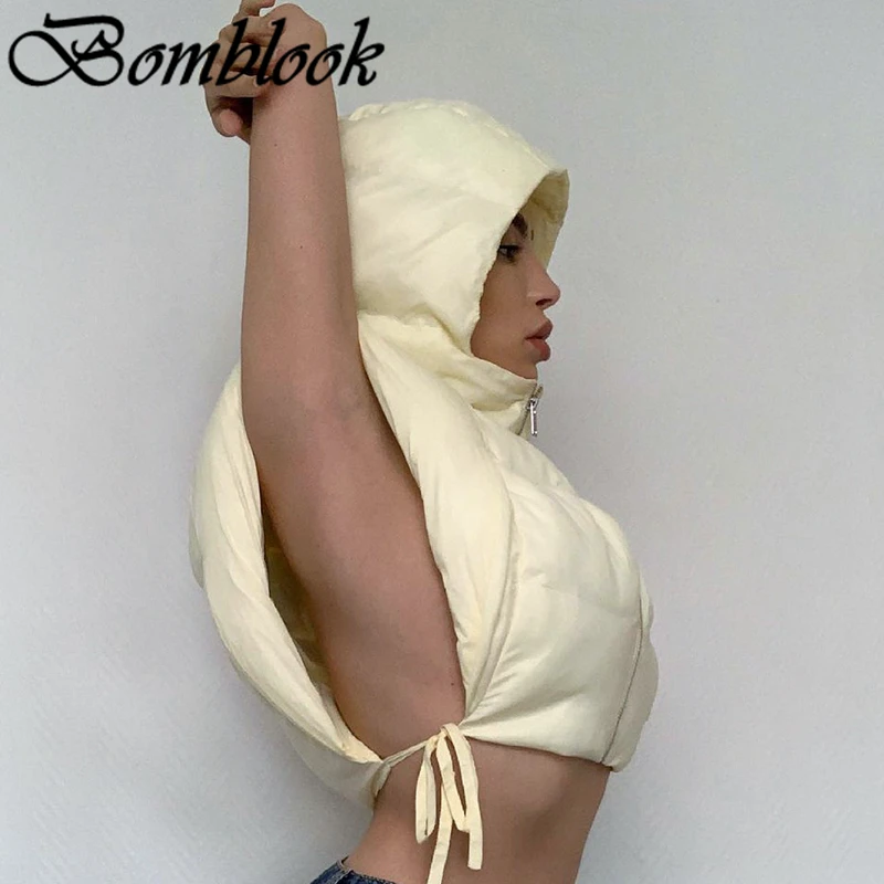 Bomblook Casual Fashion Women's Cotton-padded Jacket Winter 2021 Solid Hooded Sleeveless Zip Lace Up Jacket Female Streetwears
