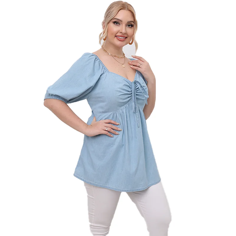 Square Collar Light Blue Plus Size Tops Women's Clothing New Short Sleeve Pure Color Shirring Loose Peplum Top Daily Casual Wear