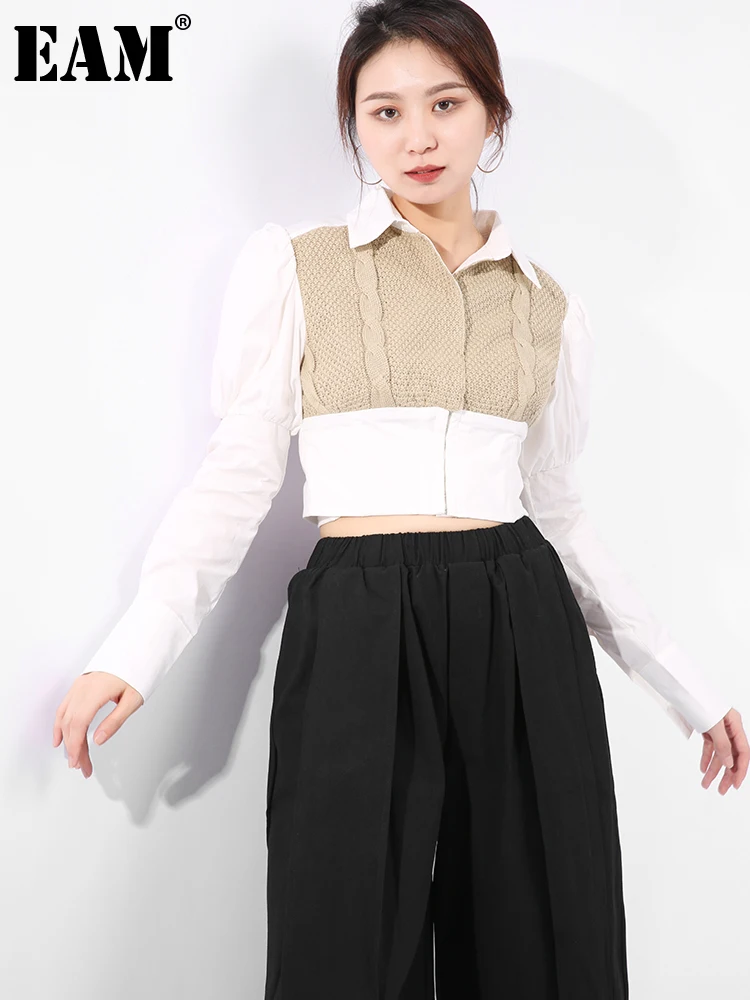 

[EAM] Женская трикотажная короткая блузка цвета хаки, новая свободная рубашка с длинными рукавами-фонариками, модная весенне-осенняя 2021 1DA83404