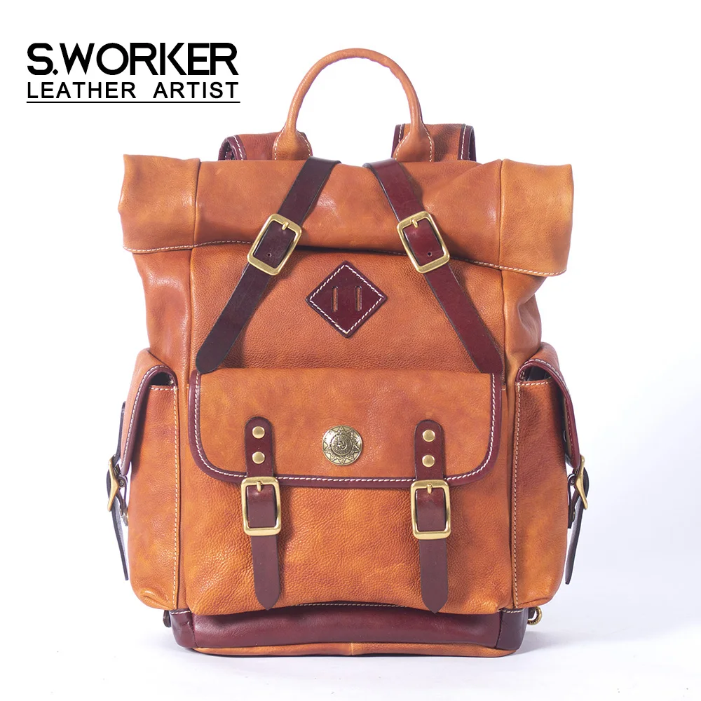 

S.WORKER 2020 NEW Vintage Genuine Cowhide Leather Backpack Luxury Fashion Men's School Bag Oxhide Casual Stylish Women
