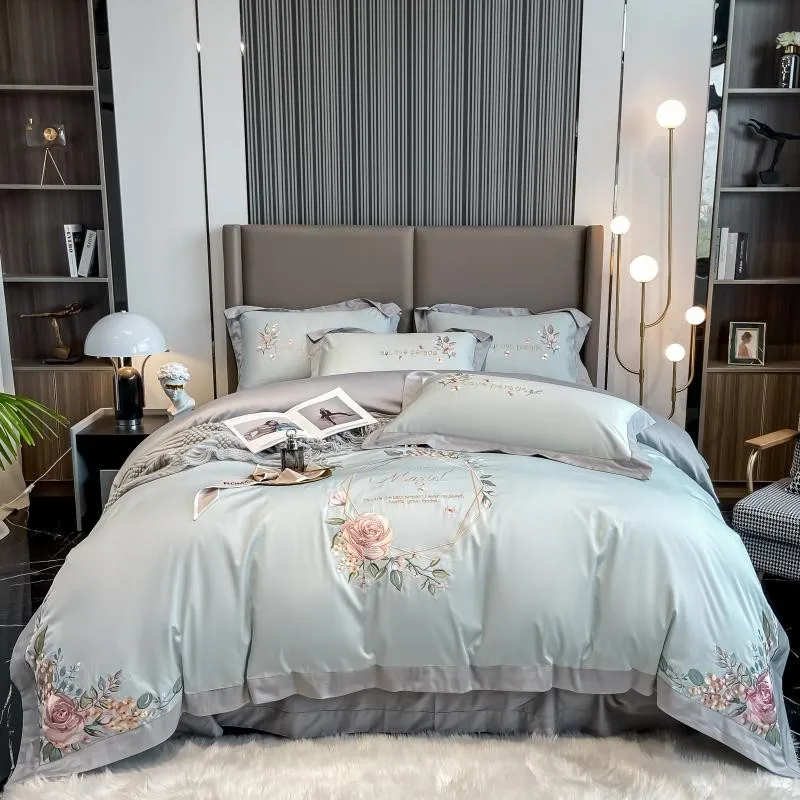 

Винтажный и элегантный серый зеленый комплект пододеяльников из мягкого египетского хлопка с цветочной вышивкой постельное белье пододея...