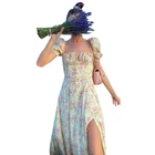 Женское длинное пляжное платье макси, летнее платье с пышными короткими рукавами и цветочным принтом, пикантное пляжное платье с рюшами, высокой талией и разрезом, M24 21, Прямая поставка