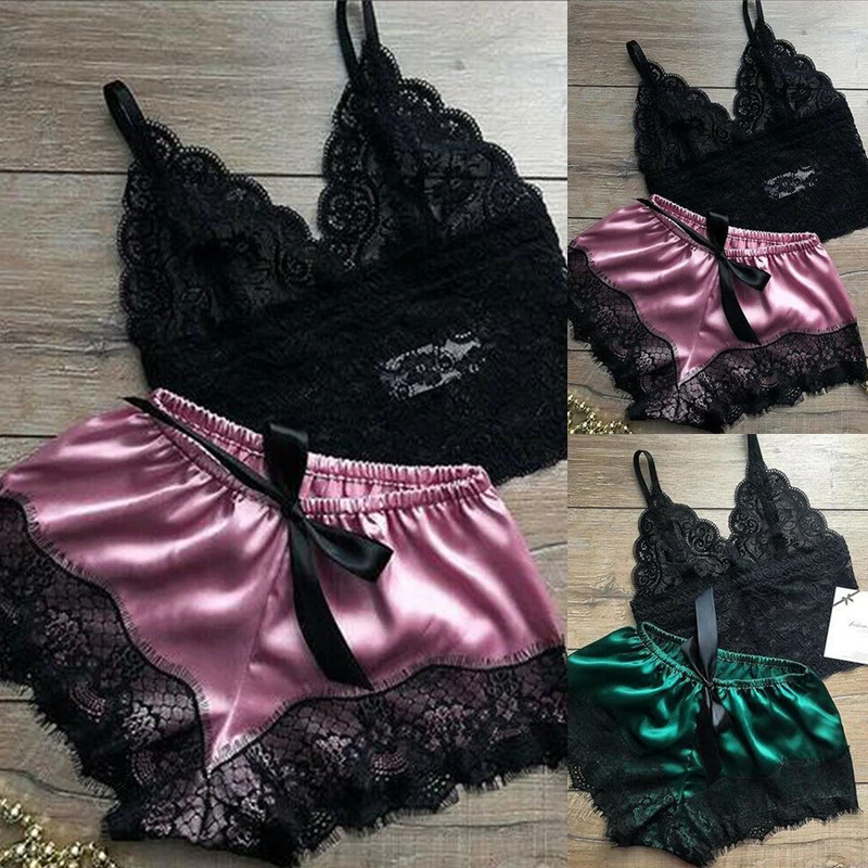 

1 Set Fashion Womens Lace Sleepwear Lingerie Tops Shorts Set Babydoll Pajamas Sports Underwear Nightwear 8 Colors