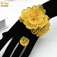 luxury cuff bracelet for women with rings gold plated dubai ethiopian bridal wedding flower bangle ring jewelry gifts