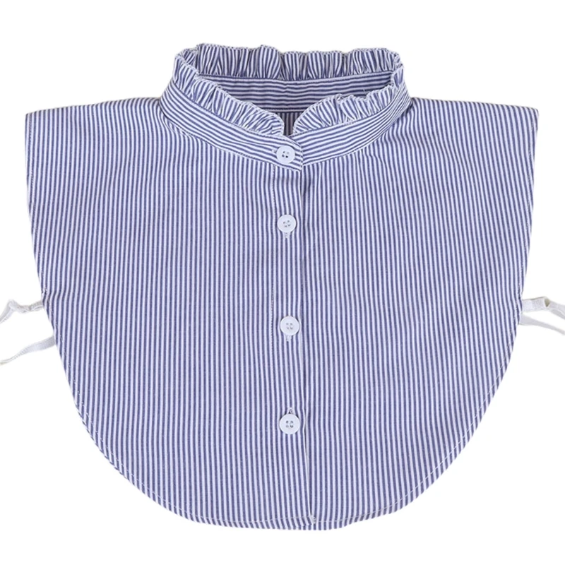 

Women Ruffles Fake Stand Collar Half Shirt Blouse Button Down Striped Dickey Top