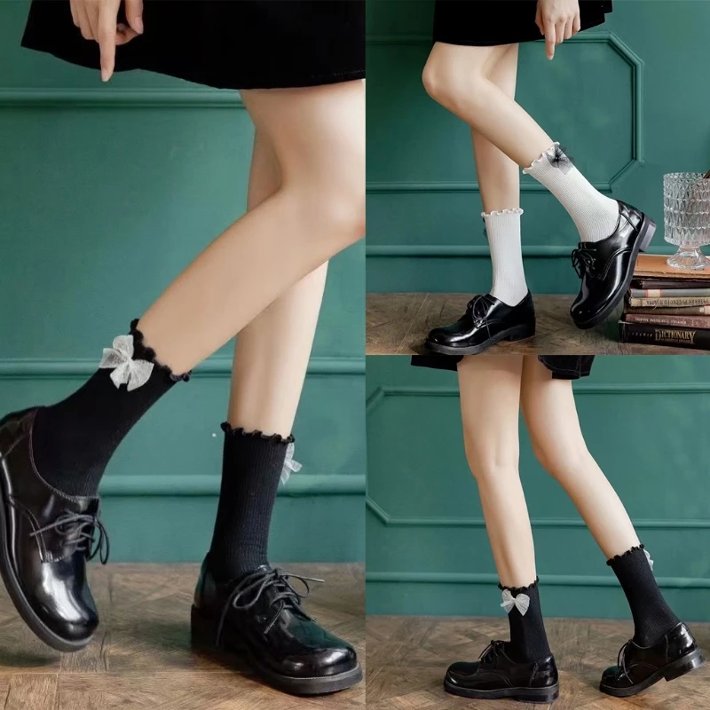 

Women Sweet Glitter Sequins Bow Crew Socks Harajuku Japanese Style Ruffled Trim Ribbed Lolita Kawaii Mid Tube Hosiery