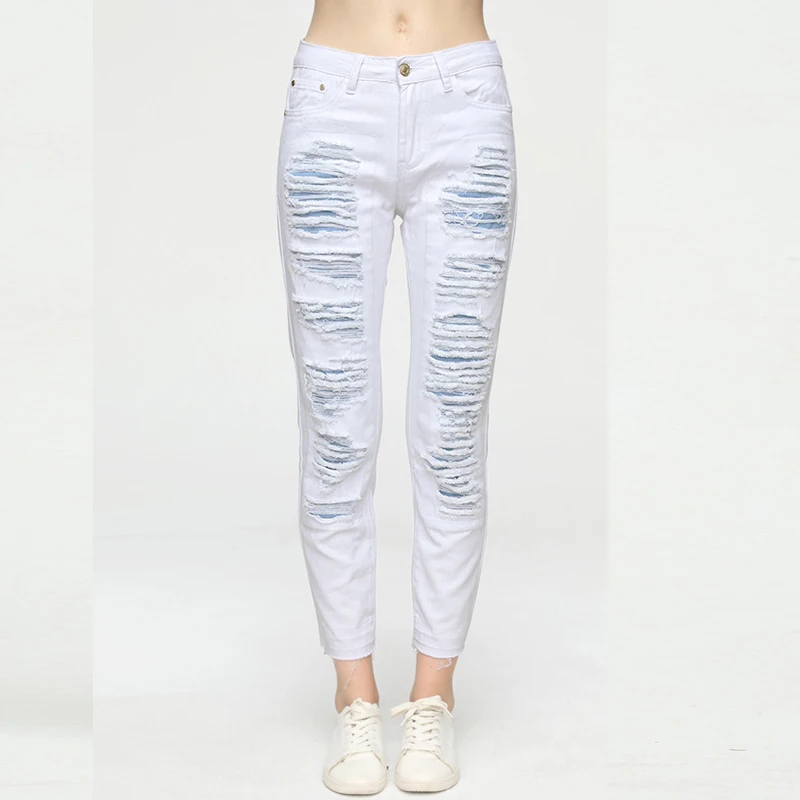 Рваные джинсы повреждения Женские повседневные Прямые брюки рваные женские