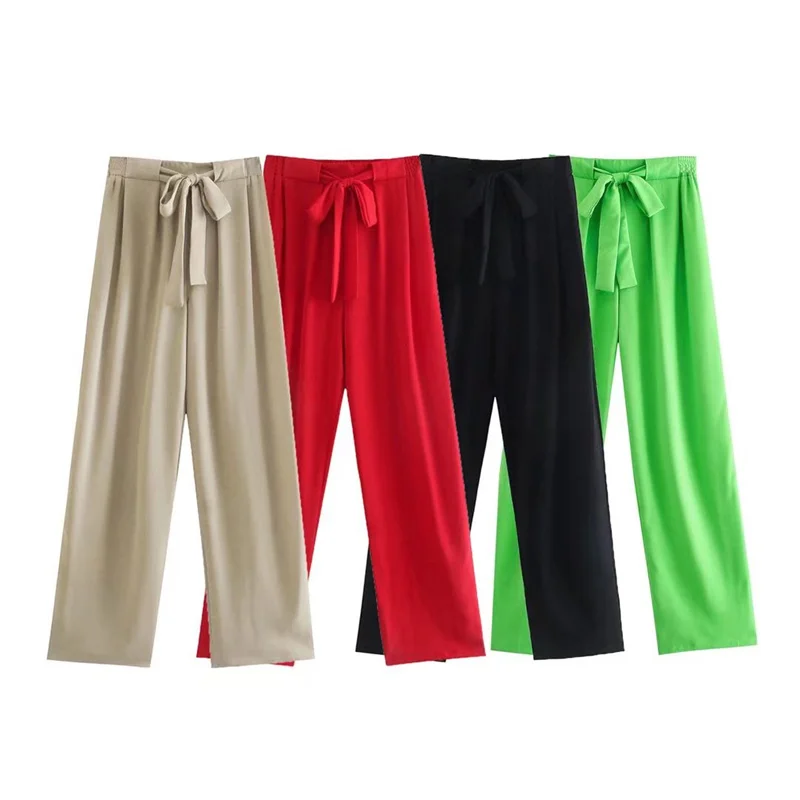 

PUWD Leisure Women Loose Green Sashes Trousers 2021 Spring Elegant Female Elastic Waist Pants Ladies Solid Lacing Trousers