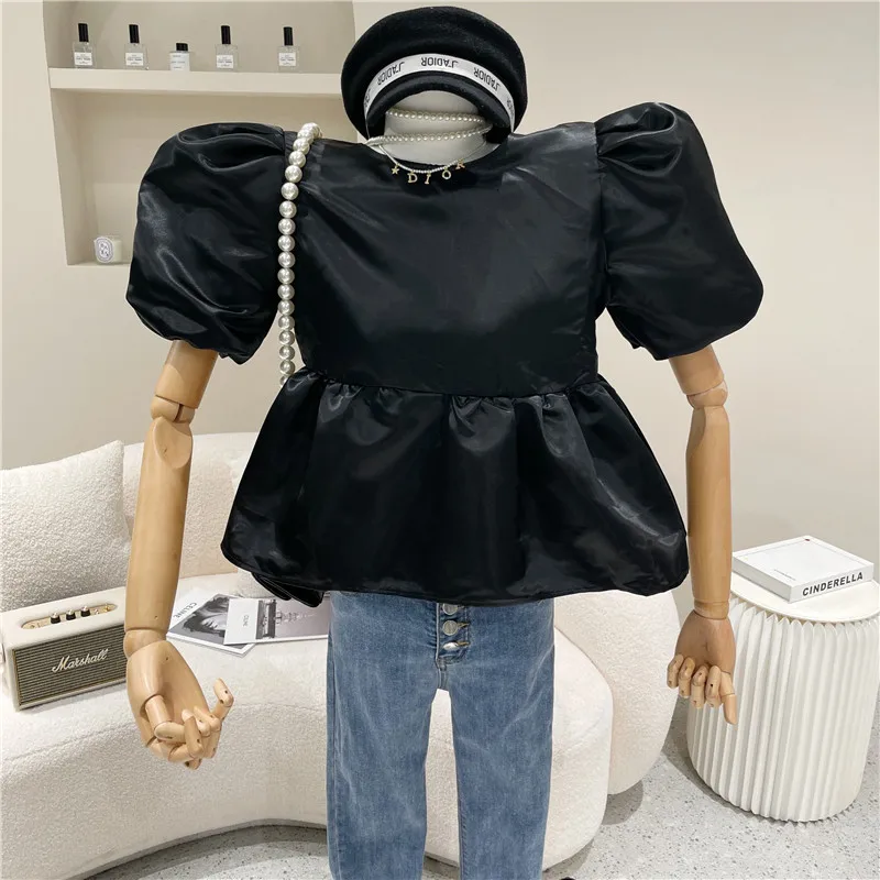 

Women's Spring Summer 2021 Fashion Vintage court style bubble sleeve doll shirt Loose high waist short sleeve shirt